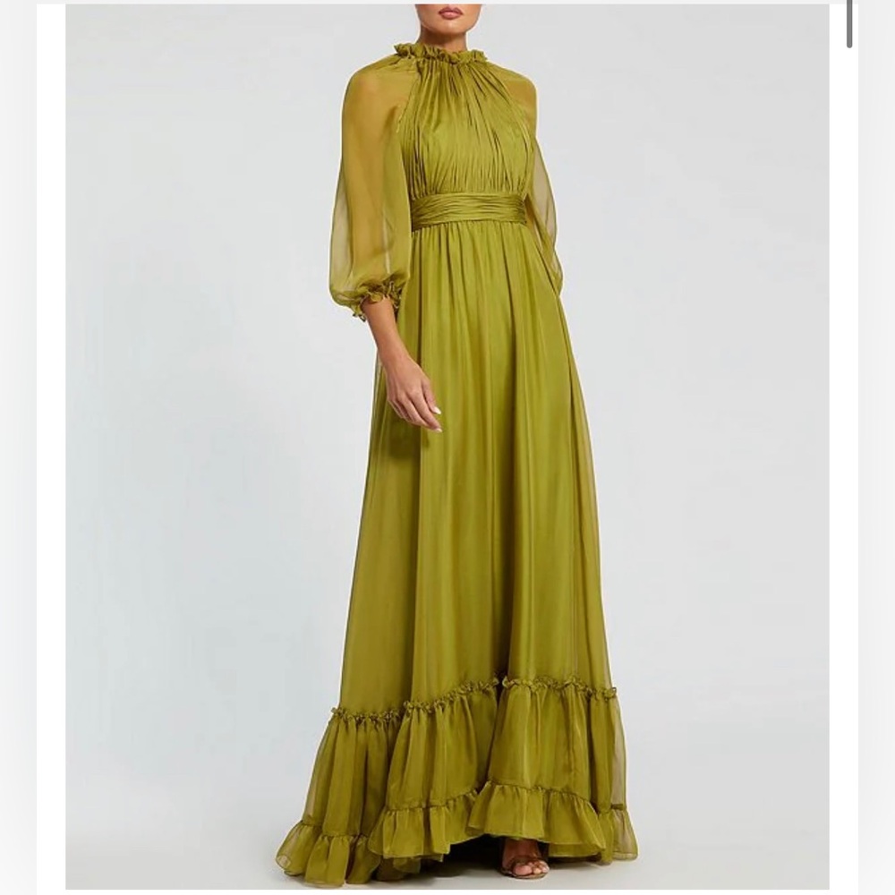 Mac Duggal 3/4 Illusion Balloon Sleeve Mock Neck Chiffon Tiered Ruffled Hem Gown